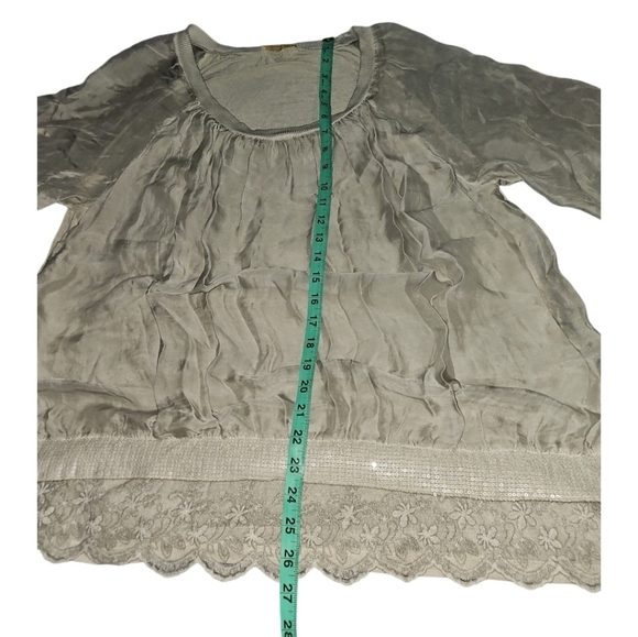 Giusy Italy Silk Blouse Lace Detail Sequins 2 Layers in Front Sheer arms GREY L - Picture 8 of 9